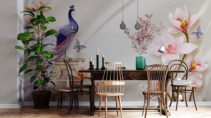 Elegant Peacock Perched on Pillar Design Wallpaper shown in a room