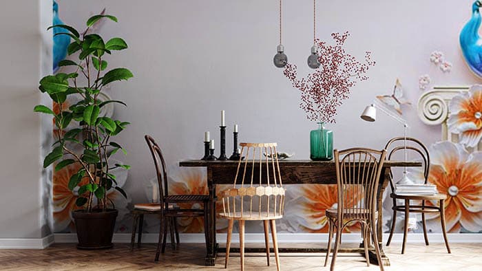Majestic Peacock with Blooming Flowers Design Wallpaper shown in a room