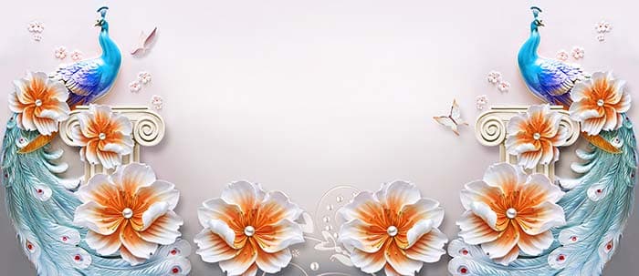 Majestic Peacock with Blooming Flowers Design Wallpaper pattern detail