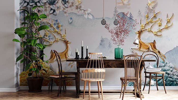 3D Golden Dancing Reindeers Wallpaper Mural shown in a room