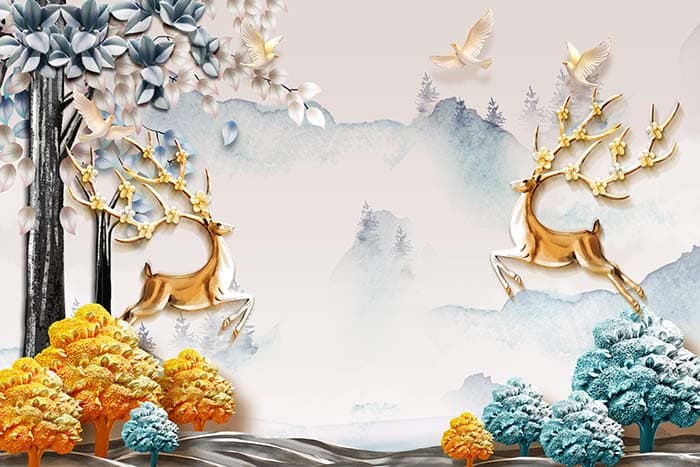 3D Golden Dancing Reindeers Wallpaper Mural pattern detail