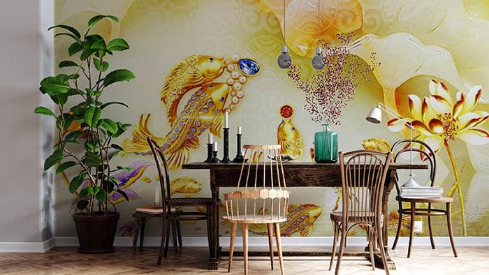 Luxury Golden Koi Fish and Lotus Floral wallpaper shown in a room