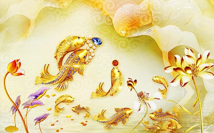 Luxury Golden Koi Fish and Lotus Floral wallpaper pattern detail