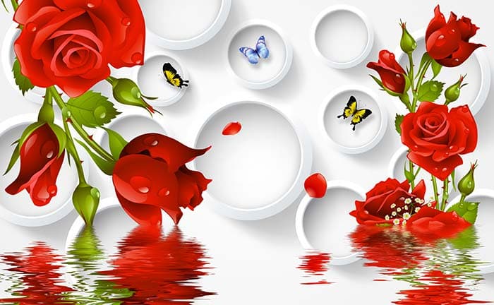 Red Roses in Water With 3D Background Wallpaper for Wall pattern detail
