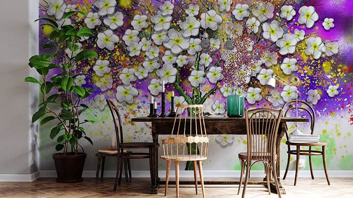 White Buttercups on Tree Floral Nature Wall Wallpaper shown in a room