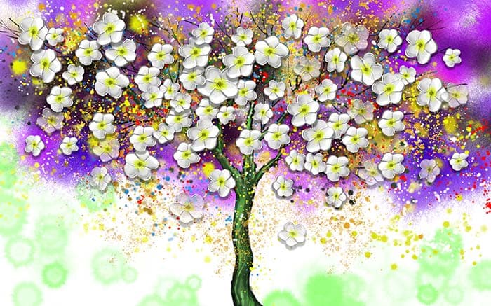 White Buttercups on Tree Floral Nature Wall Wallpaper pattern detail