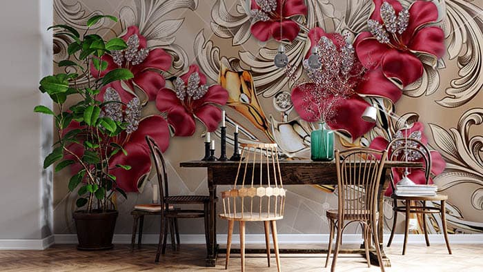 Red Petals and Gold Stems shown in a room