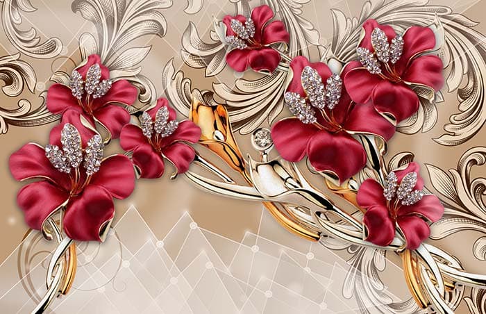 Red Petals and Gold Stems pattern detail