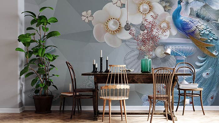 Stylish Peacock and Butterfly Garden Scene Wallpaper shown in a room