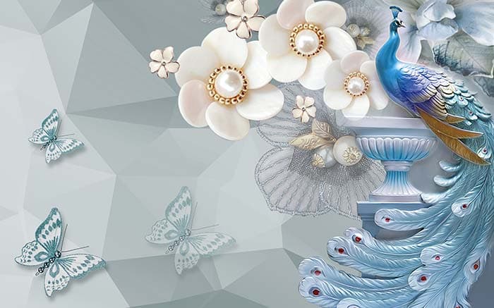 Stylish Peacock and Butterfly Garden Scene Wallpaper pattern detail