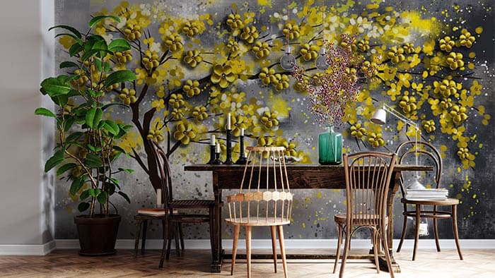 Dreamy Yellow Blossoms Background Wallpaper shown in a room