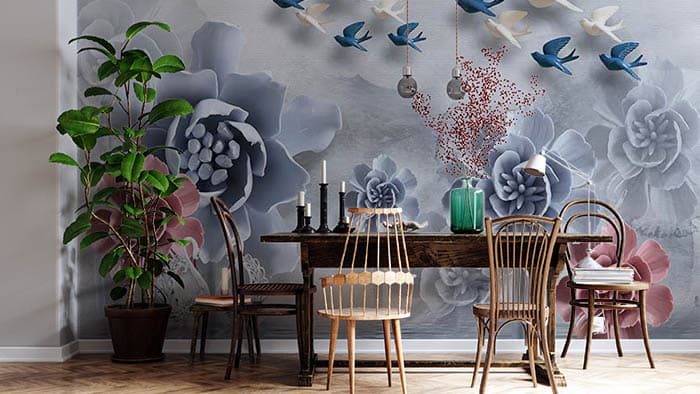 Blue and White birds shown in a room