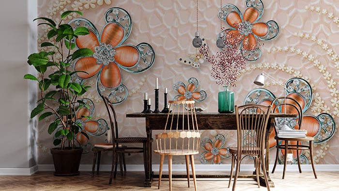 Vibrant Orange Blossom Butterfly Theme Design Wallpaper shown in a room