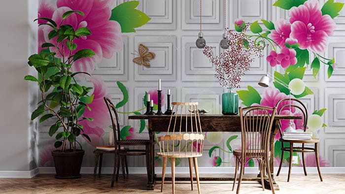 Elegant Pink Passion Flowers Botanical Wall Mural Wallpaper shown in a room