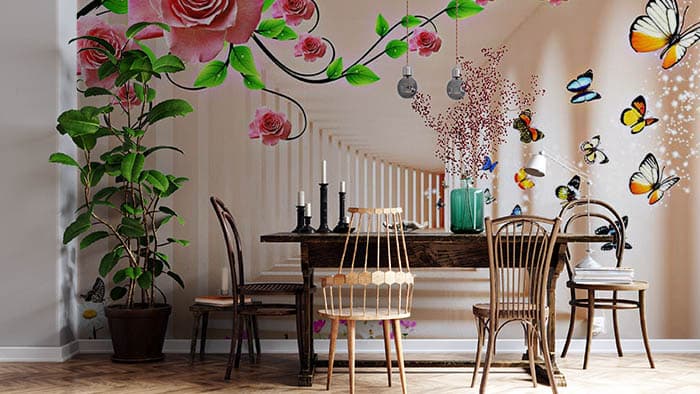 Modern Pearl Butterfly Floral Art Design wallpaper shown in a room