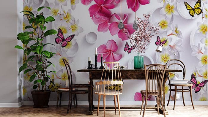 Modern Butterflies and Flowers Artwork wallpaper shown in a room