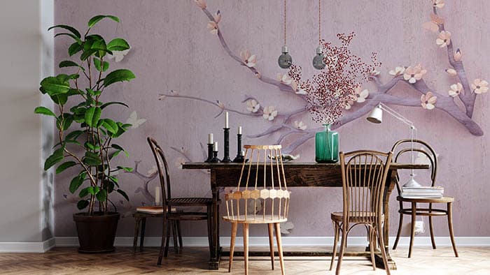 Soft Pink Blossom Branch Design Wallpaper shown in a room