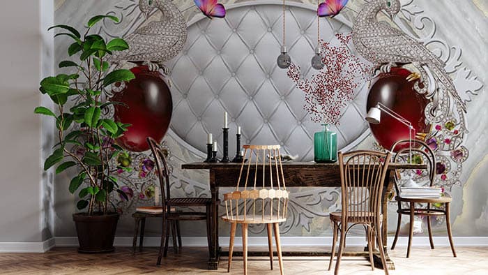 Beautiful Peacock and Stone Pattern Wallpaper shown in a room