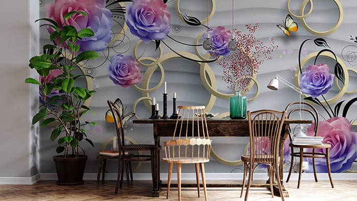 Pink and Blue Roses and 3D Circles Wallpaper for Wall shown in a room