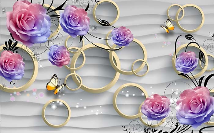 Pink and Blue Roses and 3D Circles Wallpaper for Wall pattern detail