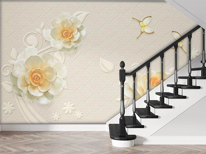 Vibrant Buttercup Butterfly Garden View wallpaper shown in a room