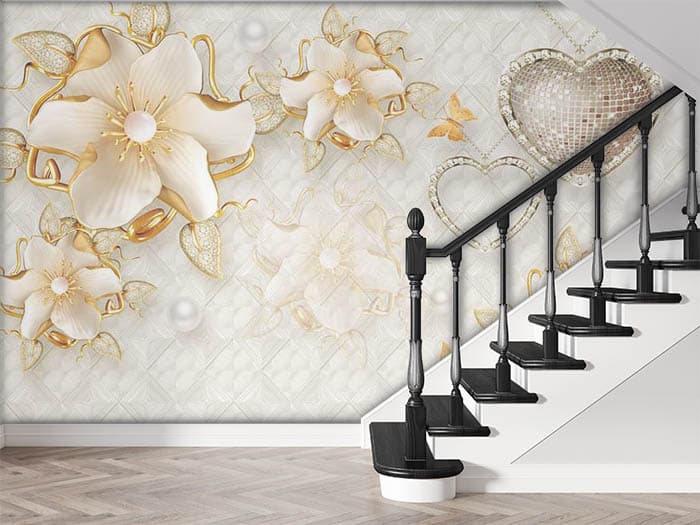 Studded heart and blossoms shown in a room