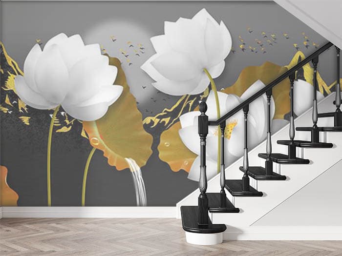 Serene White Lotus Wallpaper for Wall shown in a room