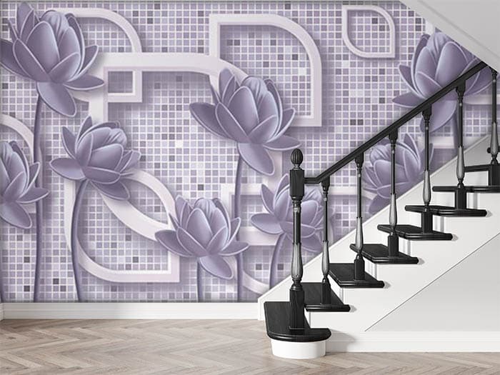 Mauve Blue Blossoms Floral Wall Mural Wallpaper shown in a room