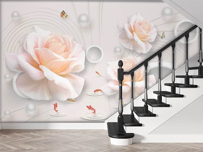 White Roses, Fishes and Pearls Wallpaper for Wall shown in a room