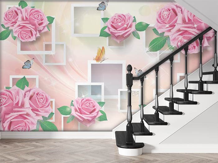 Pink Pastel Roses with Butterflies Wallpaper for Wall shown in a room