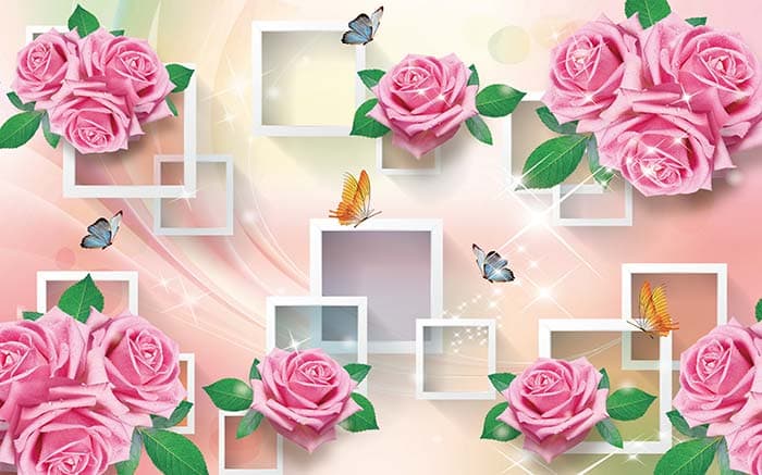Pink Pastel Roses with Butterflies Wallpaper for Wall pattern detail