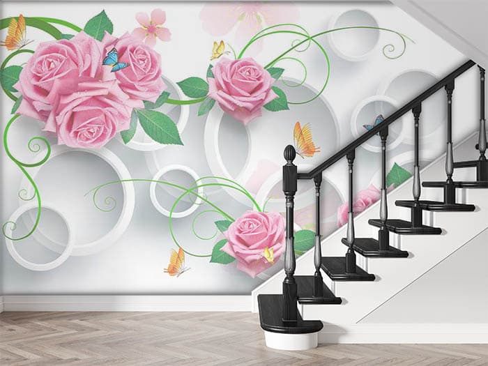 Pink Pastel Roses With 3D White Circle Wallpaper Mural shown in a room