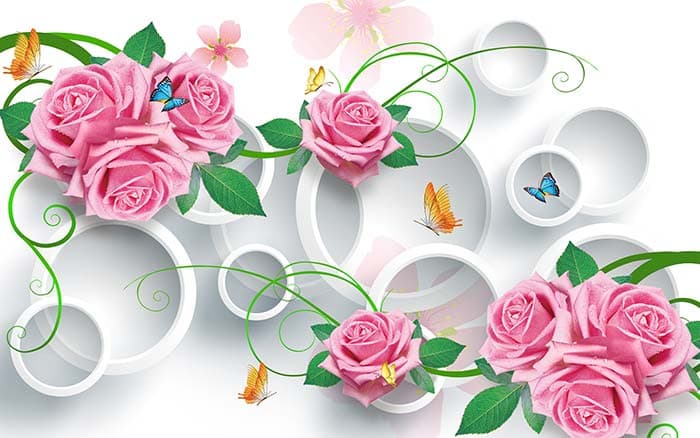 Pink Pastel Roses With 3D White Circle Wallpaper Mural pattern detail