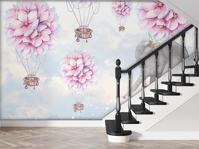 Artistic Baby Elephant Nursery Design wallpaper shown in a room