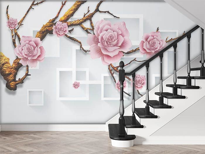 Roses on Branch and 3D Squares Background Wallpaper Mural shown in a room