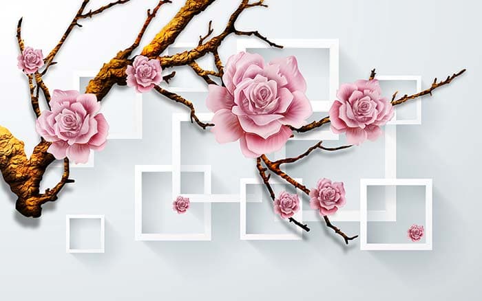 Roses on Branch and 3D Squares Background Wallpaper Mural pattern detail