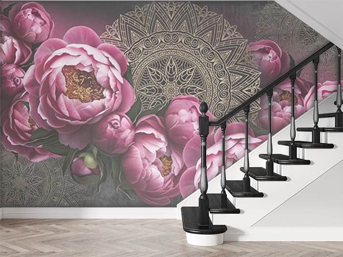 Beautiful Pink Blossom Garden Scene wallpaper shown in a room