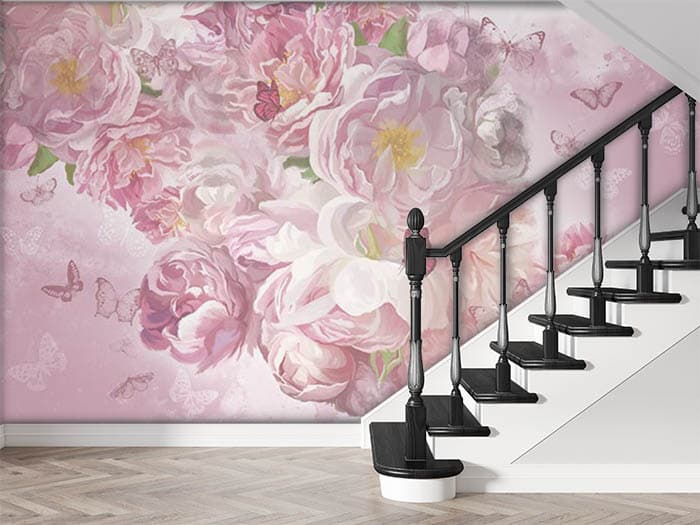 Blushing Pink Blossoms Floral Wall Mural Wallpaper shown in a room