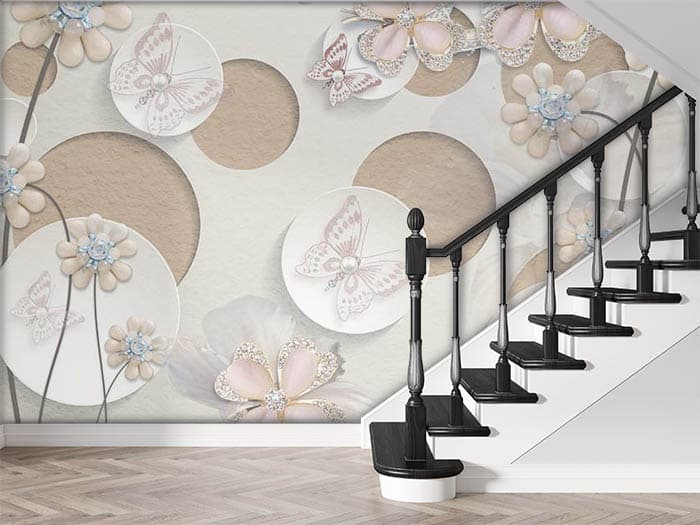 Peach Flowers with long stems shown in a room