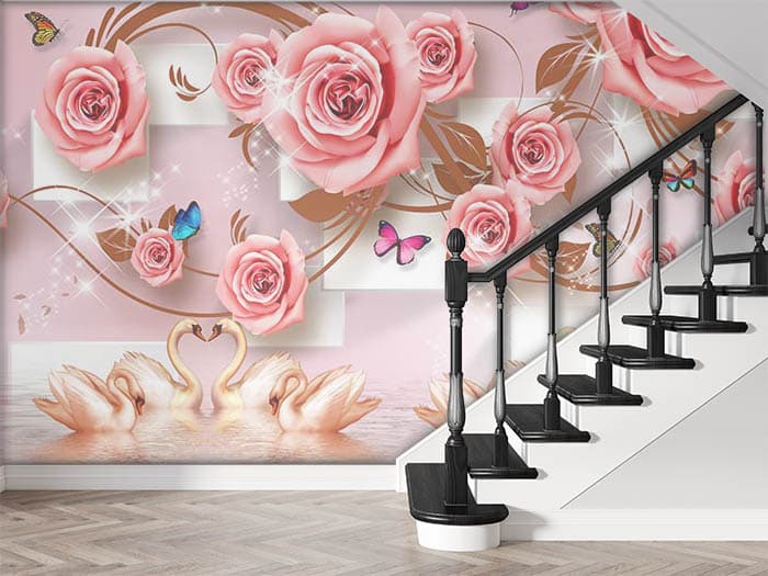 3D Swans and Pink Roses Wallpaper for Wall shown in a room