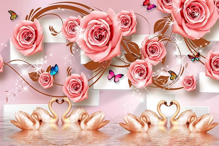3D Swans and Pink Roses Wallpaper for Wall pattern detail
