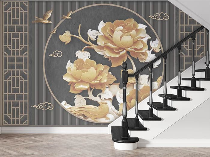Stylish Yellow Blossom Wall Decor Wallpaper shown in a room