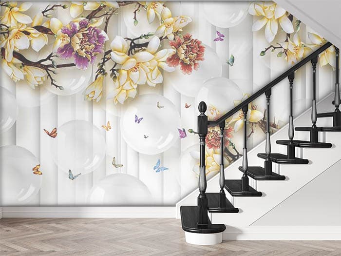 Bubbles and Yellow Flowers shown in a room
