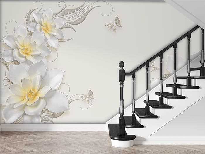 White Florets and Butterflies Floral Wall Mural Wallpaper shown in a room