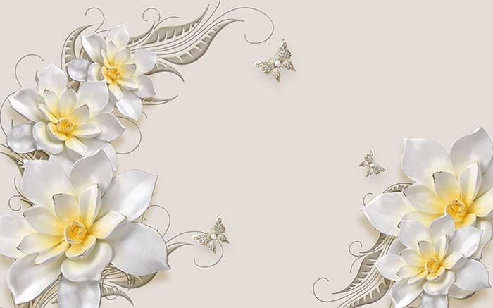 White Florets and Butterflies Floral Wall Mural Wallpaper pattern detail