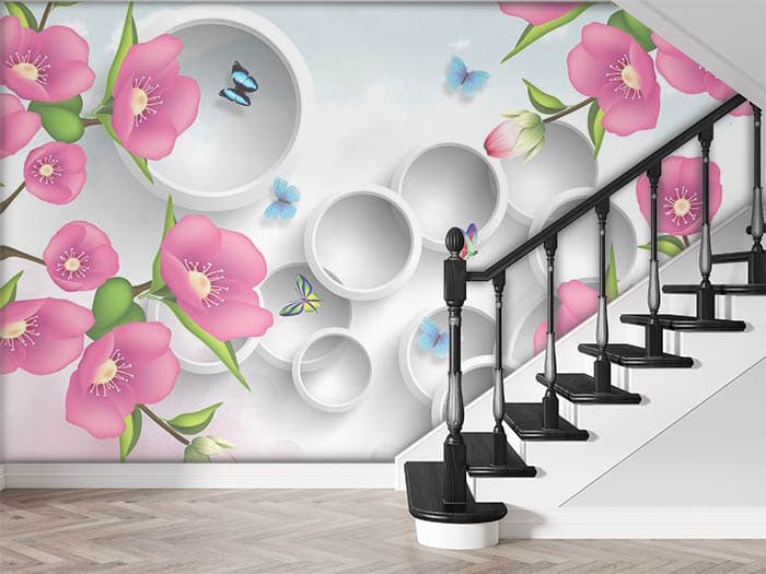 3D Pink Florets and Rings Wallpaper shown in a room