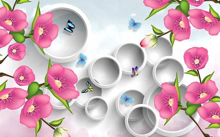 3D Pink Florets and Rings Wallpaper pattern detail