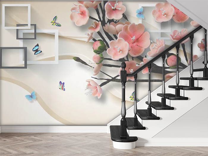 Peach Flowers and Butterflies Nature Theme Wallpaper shown in a room