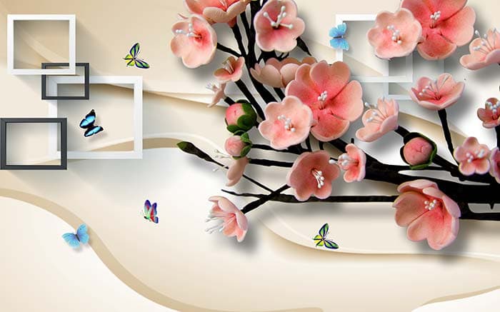 Peach Flowers and Butterflies Nature Theme Wallpaper pattern detail