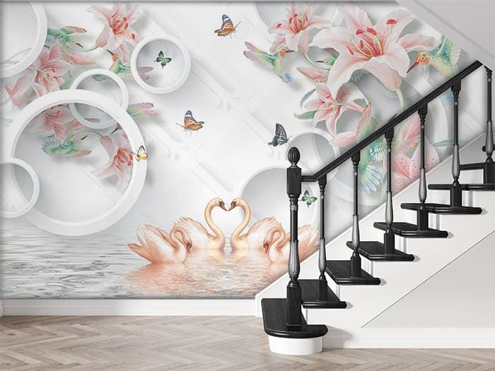Swans and Lilies shown in a room